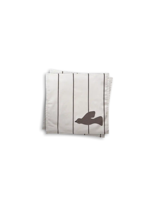 Beige Stoff-Servietten aus Baumwolle mit Motiv Vogel und Streifen